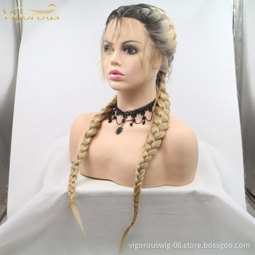 Long straight ombre black blonde cheap wholesale high quailty heat resistant synthetic jumbo braided wig with lace front